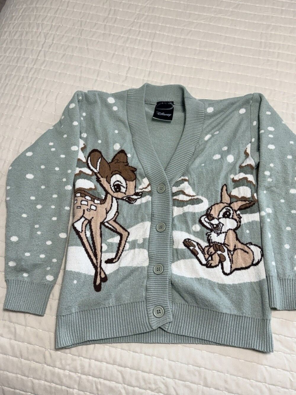 Disney Cardigan | Kids Size Small | Features Bambi And Thumper | Sage Green